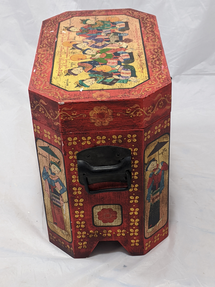 A Burmese painted wooden twin handled box, H.31cm W.36cm - Image 2 of 2