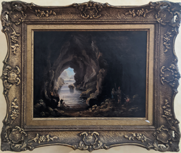 19th century British School, a maritime scene of figures within a cave, oil on canvas, unsigned, H.