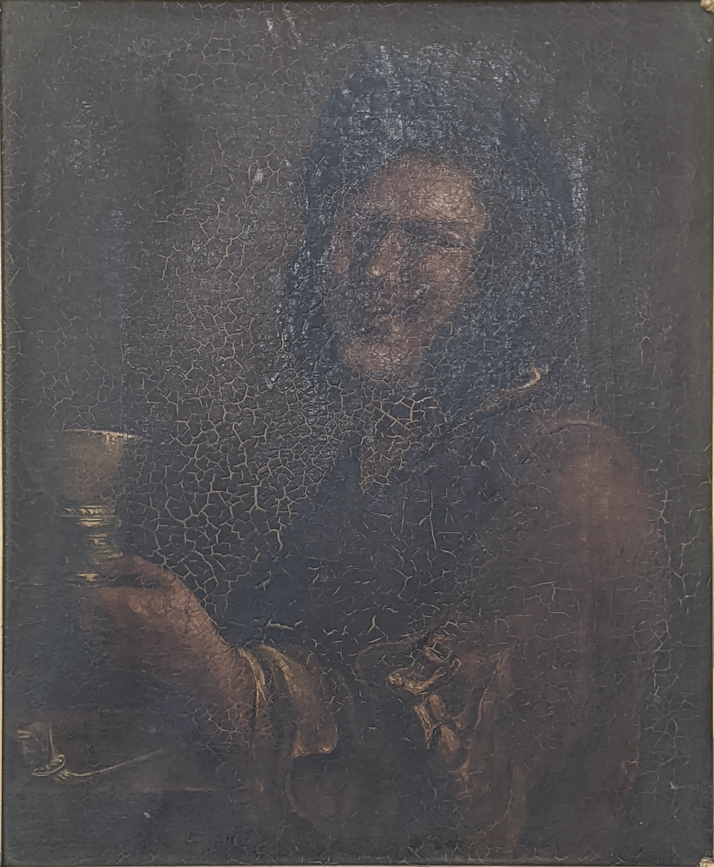 19th century Continental School, portrait of a man drinking from a goblet, oil on canvas, H.32.5cm