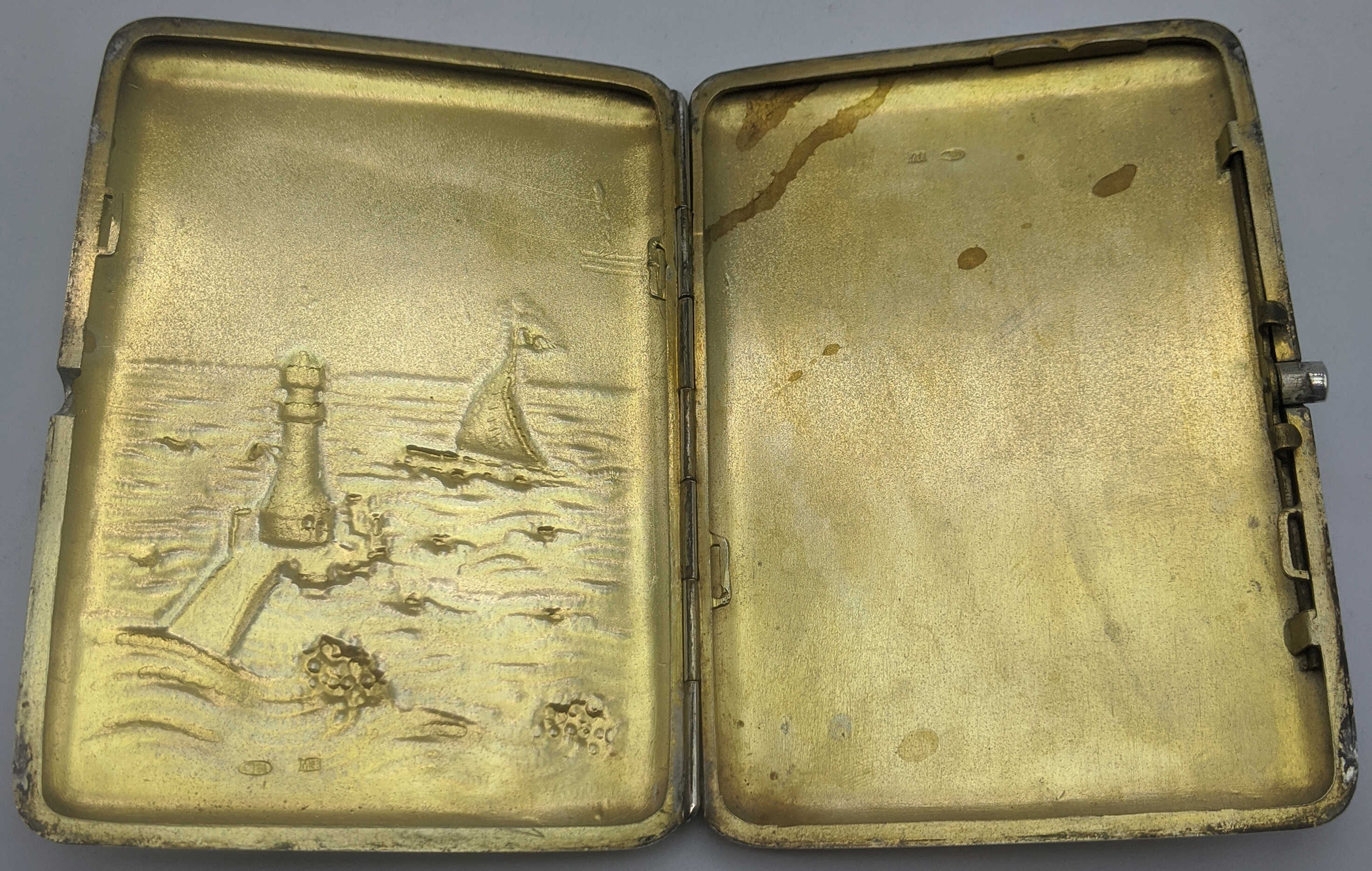 A Russian silver case depicting a lighthouse and yacht at sea, gilt interior, marks to the interior, - Image 2 of 4