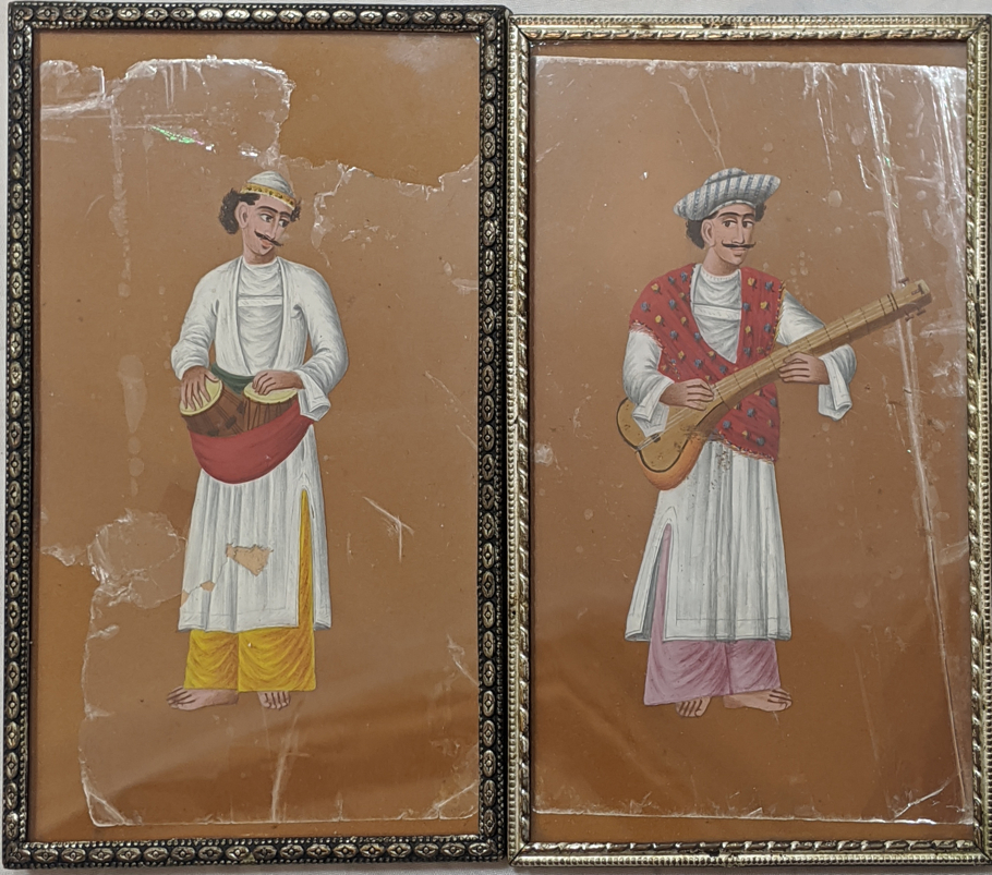 19th Century Indian School, a pair of musicians, gouache on mica, H.10cm W.6cm