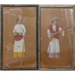 19th Century Indian School, a pair of musicians, gouache on mica, H.10cm W.6cm