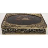 A George III silver gilt box mounted with an oil painting, the central band decorated with