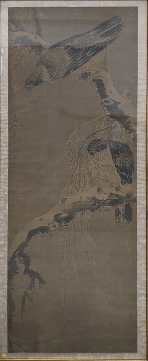 A large Chinese watercolour on silk of falcons, character marks to the left hand side, H.145cm W.