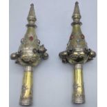 A pair of silver Mizrachi Torah bells (Rimonim), gilt exterior, mounted with coloured stones, each