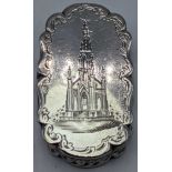 An early Victorian silver vinaigrette, the lid depicting a monument, gilt interior, hallmarked