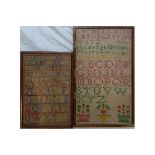 Two early alphabet embroideries, 38cm x 22cm and 28cm x 18cm