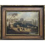 19th century Continental School, landscape study with Cathedral to the foreground, oil on panel, H.