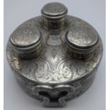C.Asprey of 166 Bond Street, a Victorian silver triple flask, scrolling designs, shield cartouche,