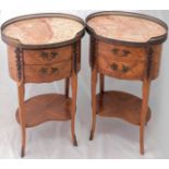 A pair of Louis XV style tulipwood side tables, marble tops, two short drawers, H.69cm