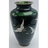 A Japanese Ginbari cloisonne enamel vase, emerald green ground with flying cranes, mark to base rim,