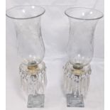 A pair of 19th century glass table lustres, etched glass shades, H.48cm