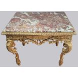 A Louis XV style giltwood centre table, red marble top, (marriage of two console tables), H.98cm W.