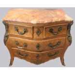 A Louis XV style kingswood bombe commode, parquetry inlaid, red marble top, serpentine front, H.87cm