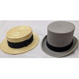 Christys of London, a straw boater hat and a grey top hat, size 7 1/2, 61