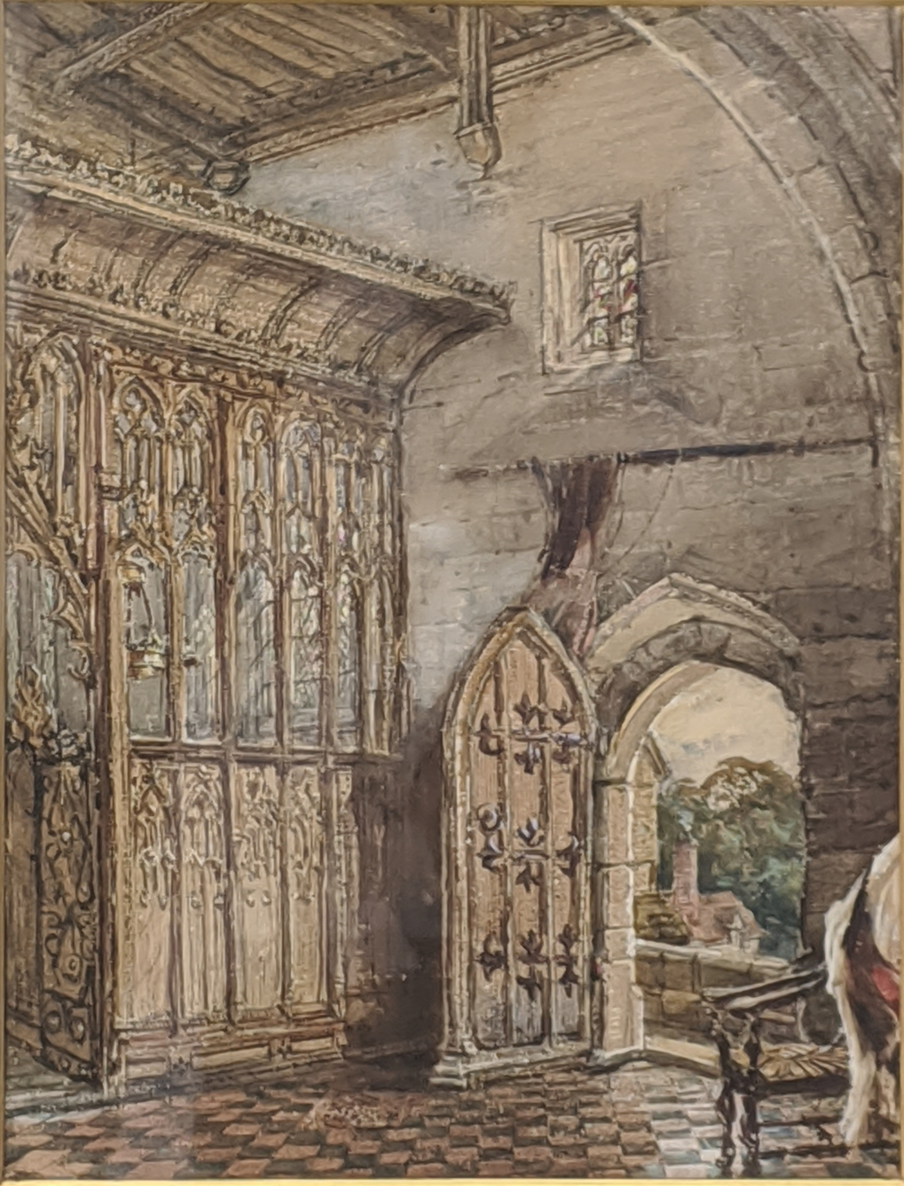 John Burgess (British, 1814-1874), the interior of a church scene, watercolour, H.36cm W.25cm