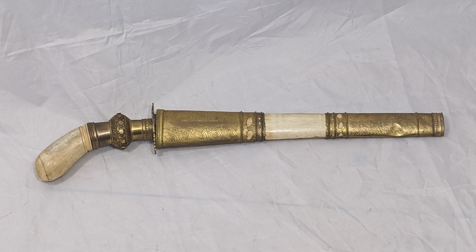 A Islamic Punal sword, carved bone handle with brass mounts, Philippines, L.50cm - Image 2 of 2