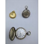 Two Sterling silver pocket watches, engine turned cases, together with a yellow metal pocket watch