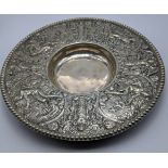 An early Dutch silver dish, embossed with mystical figures and designs, 586g, D.26cm