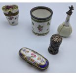 A collection of 18th century and late porcelain containers and an early Victorian silver