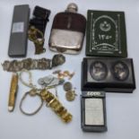 A collection of items to include a hip flask, an Eastern bracelet, an inlaid box and others