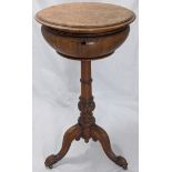 A Victorian burr walnut sewing table, compartmentalised interior, raised on casters, H.72cm