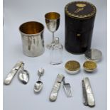 A Victorian silver travelling set comprising of a larger silver beaker, a silver goblet, two