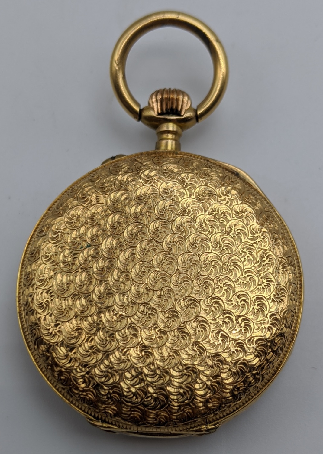 An 18ct gold Escasany Continental pocket watch, painted floral figure decor to the case, total - Image 2 of 4