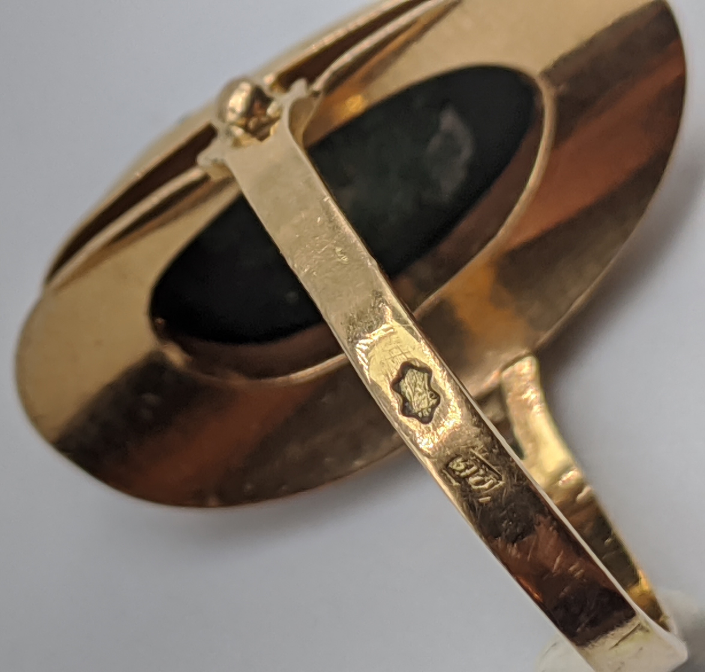 A yellow gold ring mounted with malachite stone, indistinct marks to band, 3.5g, size I, - Image 2 of 2