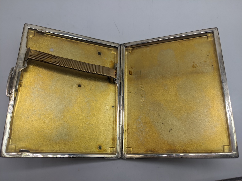 Three early 20th century Deco silver cigarette cases, engine turned outers, gilt interiors, - Image 3 of 5