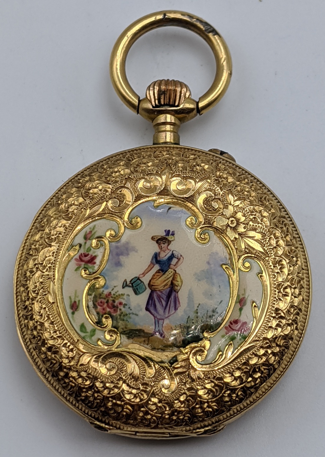 An 18ct gold Escasany Continental pocket watch, painted floral figure decor to the case, total