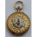 An 18ct gold Escasany Continental pocket watch, painted floral figure decor to the case, total