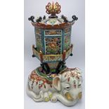 A Japanese Kutani 19th century porcelain elephant incense burner, hexagonal burner with pierced