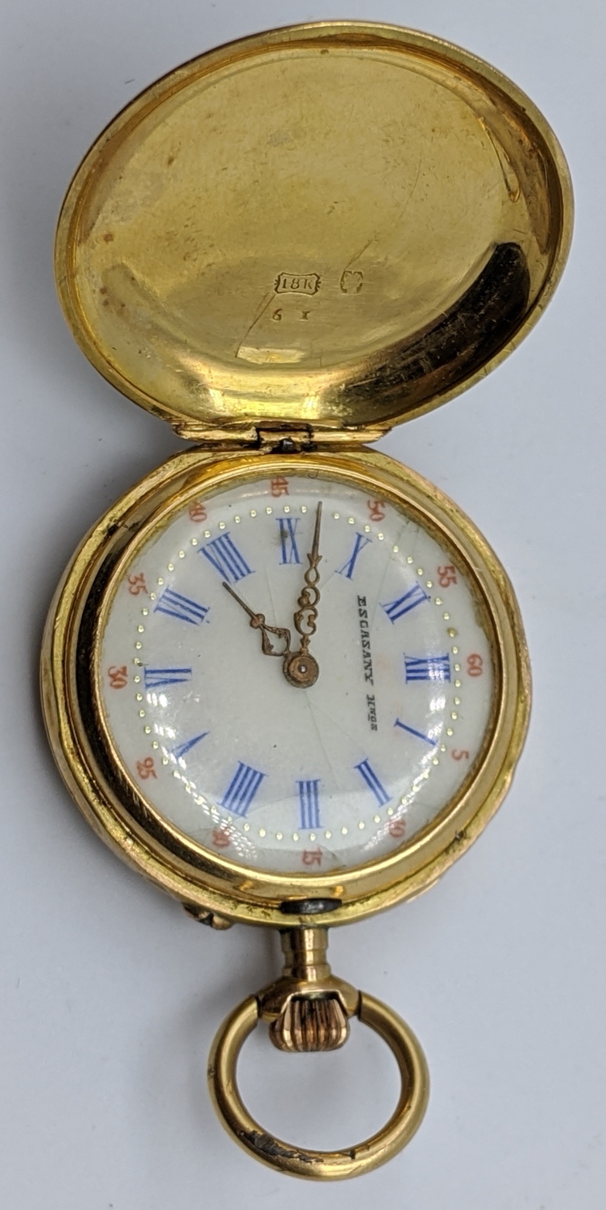 An 18ct gold Escasany Continental pocket watch, painted floral figure decor to the case, total - Image 4 of 4