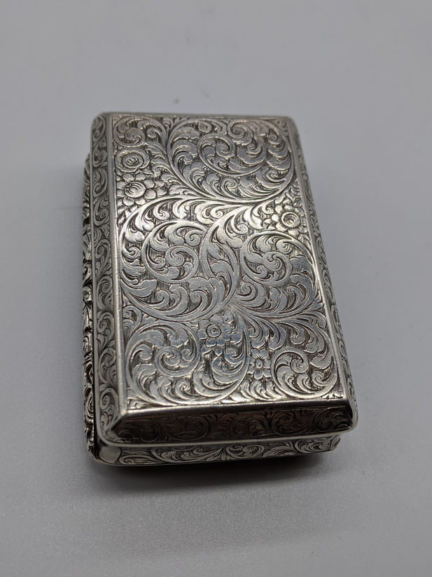 A Victorian silver snuff box/card case combined, etched scrolling decoration, vacant cartouche,