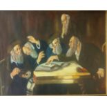 A 20th century study of men in Talmudic conversation, oil on canvas, H.67cm W.109cm