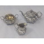 A William IV silver 3 piece tea service, etched decoration, floral finial to teapot, hallmarked