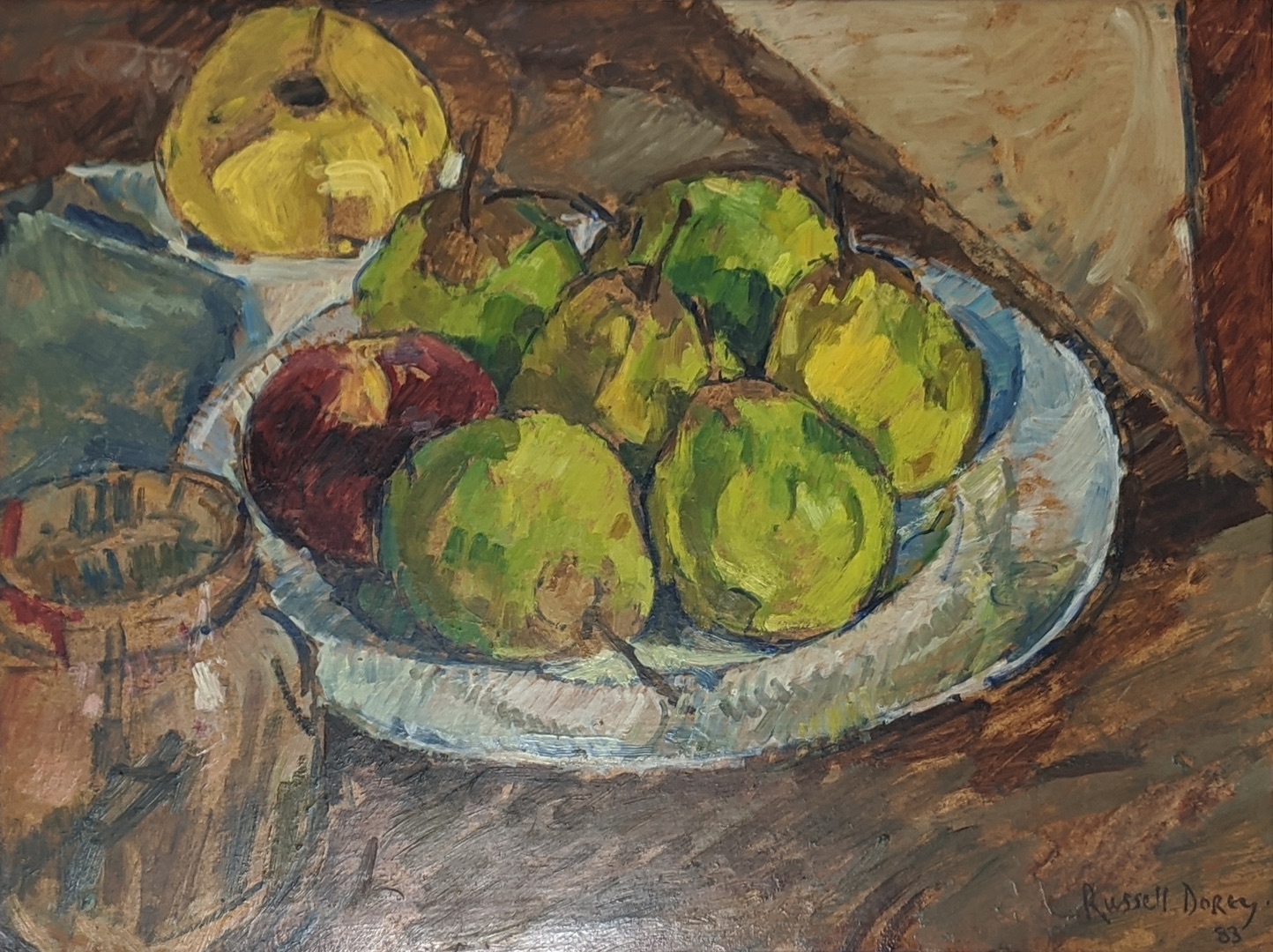 Russell Dorey (20th century British School), Still Life of Pears, 1983, oil on board, signed lower - Image 3 of 4