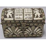 An unusual early 20th century wooden box, mounted with bone and coloured stones, twin handled,