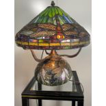 A Tiffany style Art Nouveau glass table lamp decorated with dragonflies, H.45cm