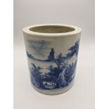 A Chinese 18th century blue and white brush pot, bearing character mark to base, H.14cm