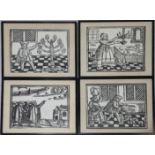 4 Jewish black and white woodblock prints, 34cm x 34cm