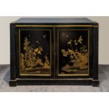 Henry Clay (fl.1772-d.1812), a rare George III black Japanned cabinet, the two doors decorated