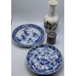 A collection of Japanese items to include two 19th century blue and white plates, one with