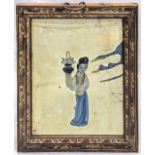 A Chinese late 18th/early 19th century reverse glass painted mirror depicting a lady, H.40cm W.29.