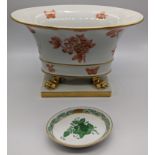 A Herend of Hungary porcelain jardiniere, paw feet, decorated with flora and fauna, H.15cm W.23cm,