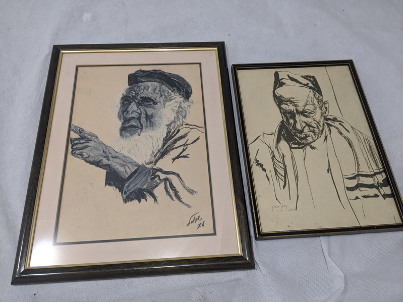 Jewish portraits, pastel and crayon drawing, signed - Image 2 of 2