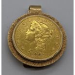A 1902 $20 gold coin with an 18ct gold mount, total item weight 51.3g,