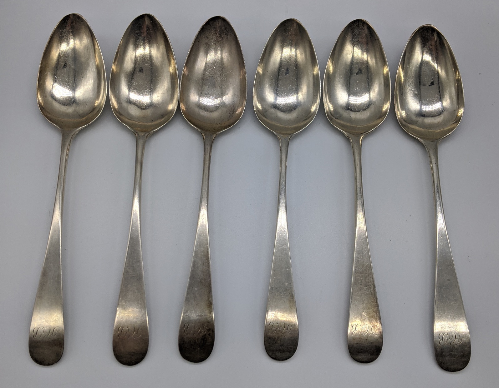 A set of 6 George III Scottish silver serving spoons, initialled terminals, hallmarked Edinburgh, - Image 3 of 3