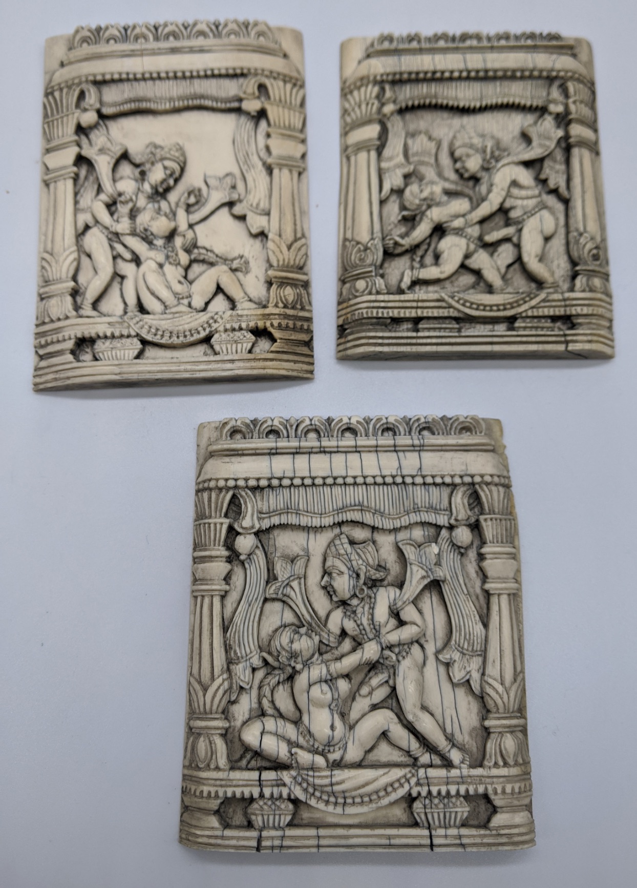 Three 19th century Indian ivory plaques featuring erotic Kamasutra scenes, Rajasthan, Indian, H.10cm - Image 2 of 2
